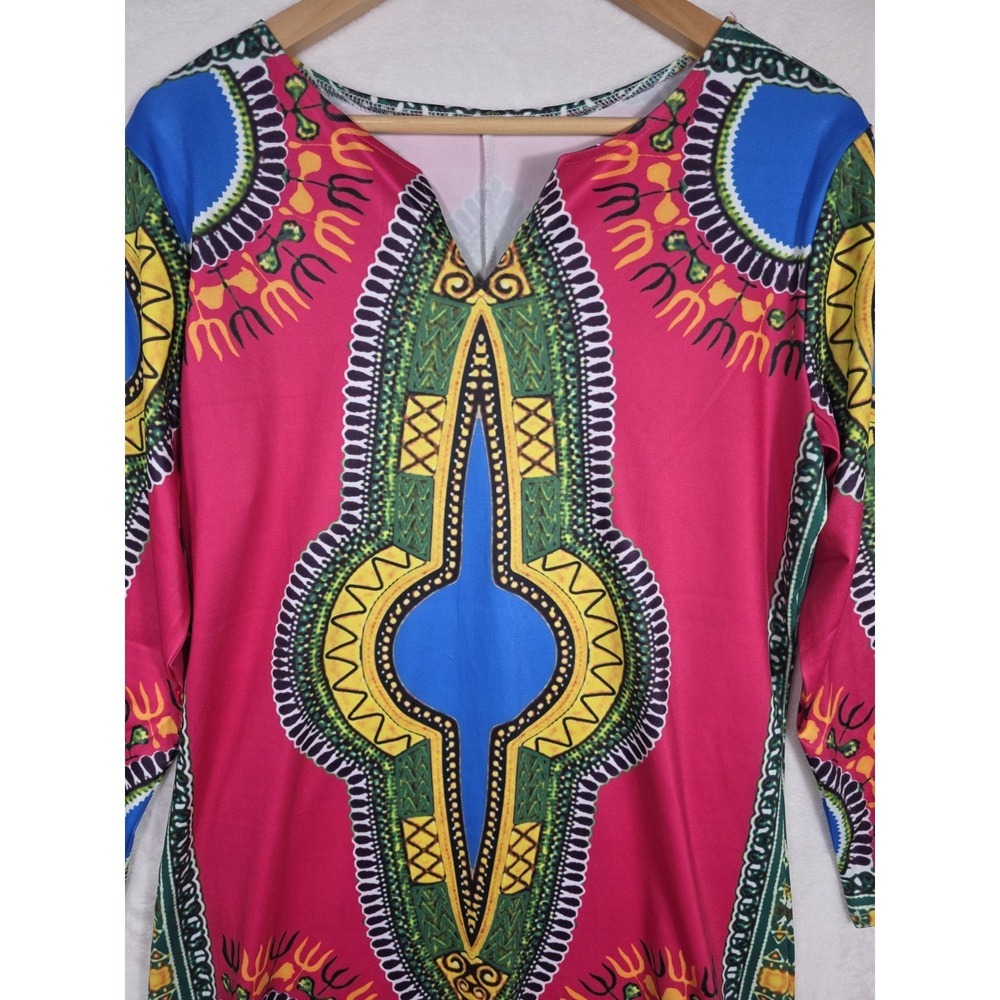NWT Dashiki Print Tunic Dress XL Pink Blue Boho Tribal Casual Travel 3/4 Sleeve - Picture 4 of 10